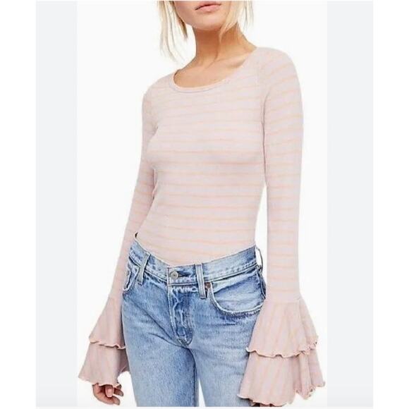 We The Free People Pink Orange Top Striped Ruffle Bell Sleeve Size X-Small XS - Picture 1 of 9